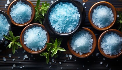 Obraz na płótnie Canvas Ceramic bowls with cosmetic sea salt. Bath crystals. Aromatherapy at home. Banner.