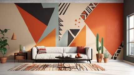 Generate a tribal-inspired wall painting with bold geometric shapes and earthy tones, perfect for a bohemian-themed living space.