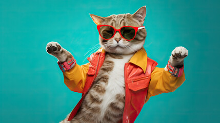 Cat dancing in colorful clothing wearing sunglasses