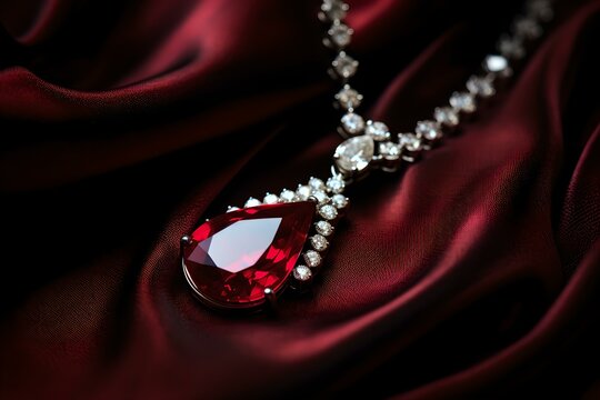 A beautiful ruby and diamond necklace presented on red silk