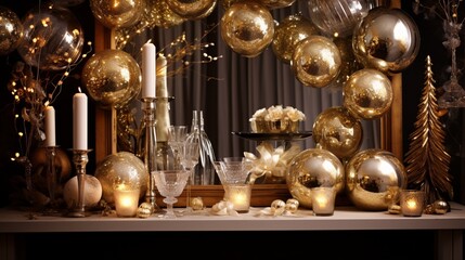 Fototapeta na wymiar Glittering New Year decorations and golden ornaments add a touch of magic to the room, creating a festive atmosphere.