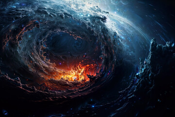 Swirling vortex of space clouds leading into an orange glowing center. Fantasy space art. - obrazy, fototapety, plakaty
