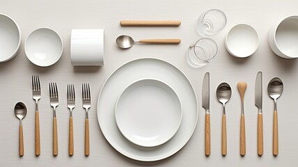 a minimalist dining table set with white ceramic tableware, wicker round placemat, and sleek cutlery, emphasizing Scandinavian design.