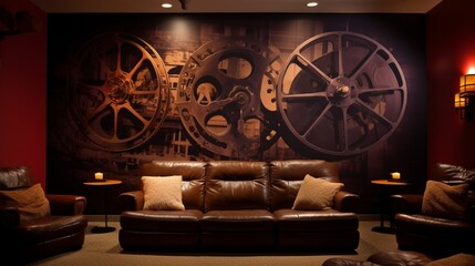 Home theater room with a movie reel mural.