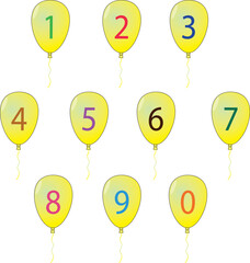Illustration of yellow balls with numbers from zero to nine. Balloons with numbers. Numbers from 0 to 9 on yellow balloons