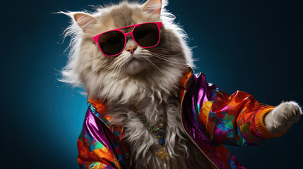 Cat dancing in colorful clothing wearing sunglasses