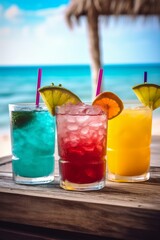 Obraz premium Vibrant summer cocktails or mocktails in glass tumblers with ice, adorned with colorful fruits on sunny beach bar table. Refreshing and visually appealing, perfect for warm days and festive occasions.