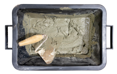 Plastic container filled with mortar on an isolated background.