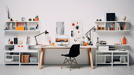 Minimalist workspace, white backdrop, bold pops.