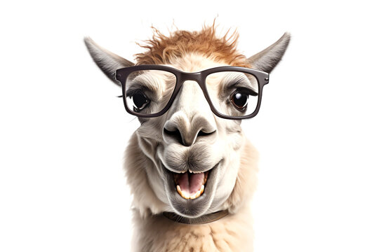 funny smiling llama alpaca with glasses isolated on transparent background
