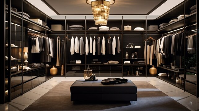 Luxurious walk-in closet with organized fashion. Style meets sophistication.