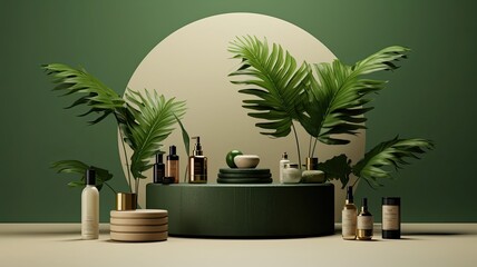 Fototapeta premium an aesthetically pleasing arrangement featuring a set of organic spa cosmetics with green leaves, emphasizing a modern minimalist style.