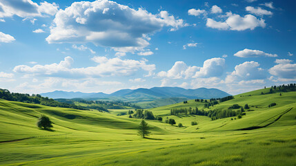 Fototapeta na wymiar Green valley blue sky background
