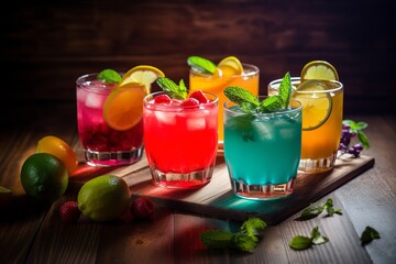 Fototapeta premium Vibrant summer cocktails or mocktails in glass tumblers with ice, adorned with colorful fruits. Refreshing and visually appealing, perfect for warm days and festive occasions.