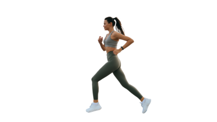 beautiful slender brunette, sportswear and a fitness bracelet runs against transparent background, develops  endurance. Asian young woman doing an outdoor workout. Active people, healthy lifestyle