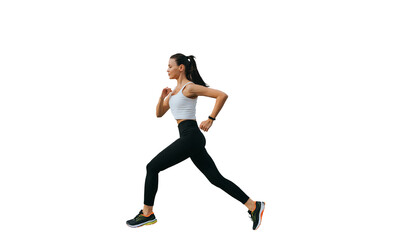 Young brunette multi ethnic woman running against transparent background , preparing for olympics. Fit  American girl in sportswear jogging. Sport, fitness, active people. Female trainer at exercise. - obrazy, fototapety, plakaty