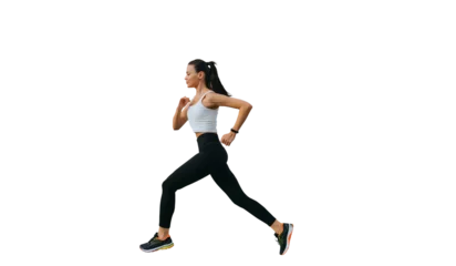 Foto op Canvas Young brunette multi ethnic woman running against transparent background , preparing for olympics. Fit  American girl in sportswear jogging. Sport, fitness, active people. Female trainer at exercise. © Iona
