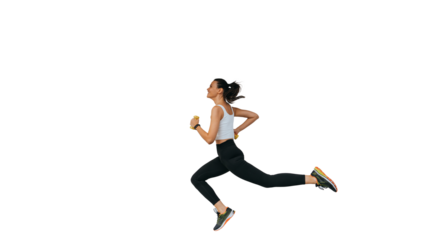 Cheerful young fit woman in sportswear running against transparent background. Focused female runner preparing for Olympics. Pro sport, endurance. Brunette multiethnic girl running, active people.