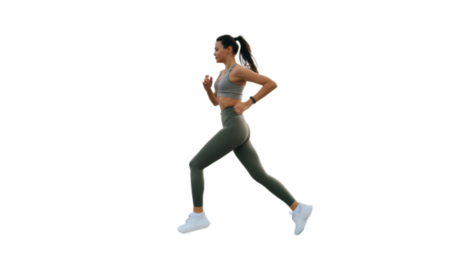 beautiful slender brunette, sportswear and a fitness bracelet runs against transparent background, develops  endurance. Asian young woman doing an outdoor workout. Active people, healthy lifestyle