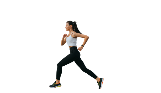 Young brunette multi ethnic woman running against transparent background , preparing for olympics. Fit  American girl in sportswear jogging. Sport, fitness, active people. Female trainer at exercise.