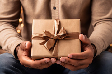 Man holding a gift in his hands close-up