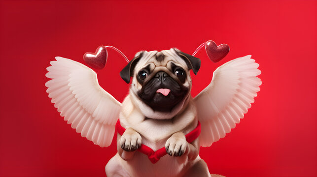 Happy pug cupid in costume with angel wings. Valentine's day concept