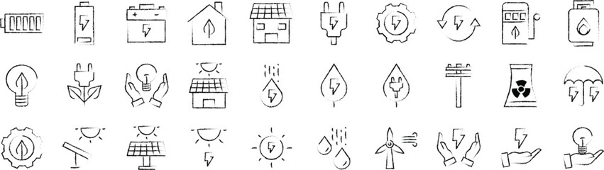 Energy and smart home hand drawn icons set, including icons such as Eco Gas, Energy Source, Magnet, Nuclear, and more. pencil sketch vector icon collection