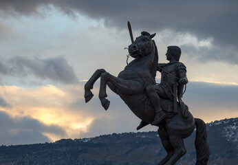 Bronze monument of Alexander the Great in Skopje at sunset