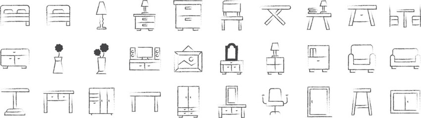 Home interior and decor hand drawn icons set, including icons such as Cabinet, Nightstand, Lamp, Door, Dining, and more. pencil sketch vector icon collection
