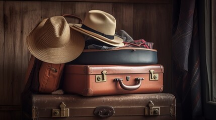 Stack of vintage suitcases and hats, evoking nostalgia and wanderlust. Timeless elegance and travel accessories capturing the essence of bygone eras, perfect for a stylish and adventurous journey.