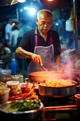 cooks in Bangkok on the street cooking and selling typical dishes of the country