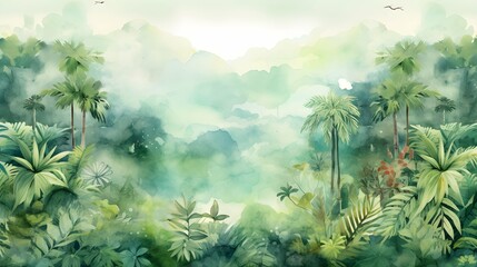 Fototapeta na wymiar Watercolor pattern wallpaper painting of the Amazon forest landscape and a picturesque natural environment in harmonious colors. Generative AI
