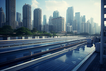 Green energy concept with outdoor solar panels and industrial roof equipped with tone solar cells