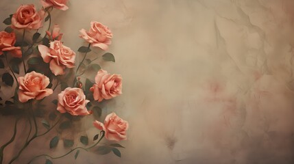 Wallpaper of a bunch of roses on an old vintage wall background. Generative AI