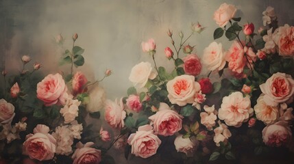 Wallpaper of a bunch of roses on an old vintage wall background. Generative AI