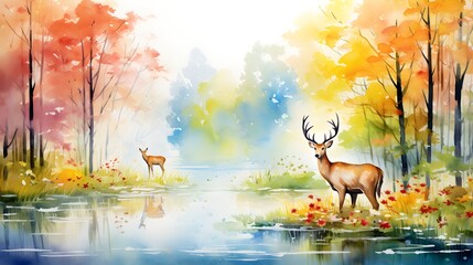 spring watercolor painting forest in autumn with trees and wildflowers with deer in lake a landscape for the interior art drawing. Generative AI