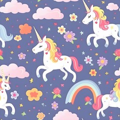 Seamless pattern of cute little magical unicorn, rainbow, clouds and flower. Colorful illustration for children wallpaper textile and gift paper. Generative AI