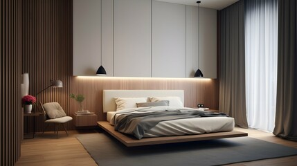 scandinavian design house beautiful concept bedroom interior design with colour accent wall headboard feature wall bedroom with daylight cosy atmosphere home interior concept. Generative AI