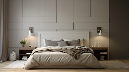 scandinavian design house beautiful concept bedroom interior design with colour accent wall headboard feature wall bedroom with daylight cosy atmosphere home interior concept. Generative AI