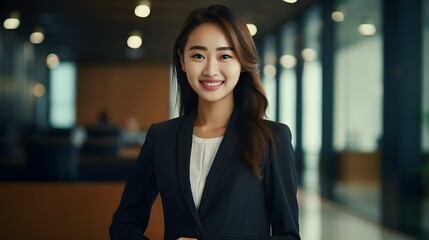 smart elegance female asian adult businesswoman standing smile confident and cheerful wear formal suit portrait shot in modern interior office background. Generative AI