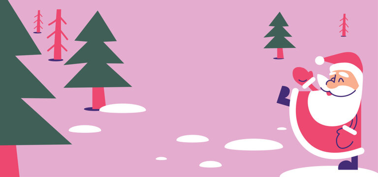 Santa Claus in the forest. Coniferous winter forest. Vector illustration in flat graphic style. Design for Christmas card, poster, banner. Wide step. Christmas character.