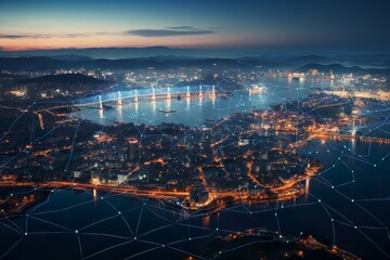 Obraz premium Aerial view of the brightly lit city at night