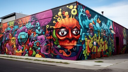 A concrete wall with graffiti-style murals and vibrant patterns, creating an urban street art atmosphere.