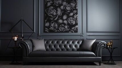 A contemporary black leather sofa in front of a charcoal gray solid color pattern wall.