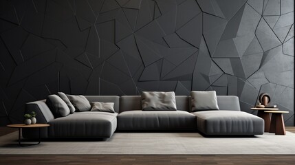 A contemporary modular sofa against a slate gray solid color pattern wall.
