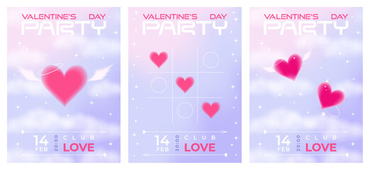 Modern y2k design Valentine's Day party invitation, banner, poster set. Trendy aesthetic minimalist vector illustrations with aura hearts in clouds, abstract shapes, stars, gradient and typography.