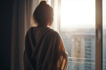 woman wrapped in a blanket looking out the window - obrazy, fototapety, plakaty
