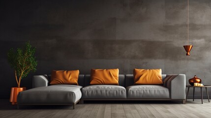 A contemporary modular sofa against a dark gray solid color pattern wall.