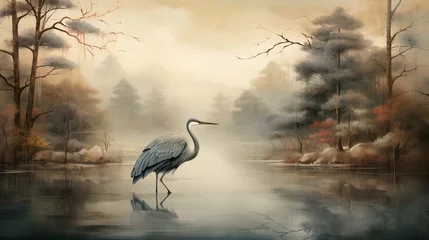 Foto op Plexiglas drawing wallpaper of a landscape of heron birds in the middle of the forest lake in Japanese vintage style. Generative AI © PSCL RDL