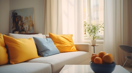 close up photo of contemporary interior of Living room with part of sofa in sunny day bright and clean cosy comfort room interior background beautiful house ideas showcase home. Generative AI